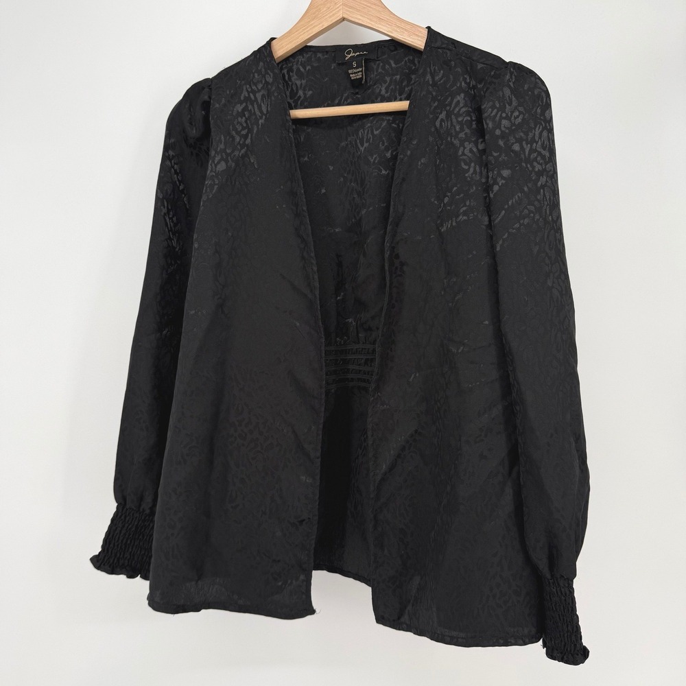 Japna Open Front Cardigan Women‎ S Black Leopard Jacquard Smocked Puff Sleeve